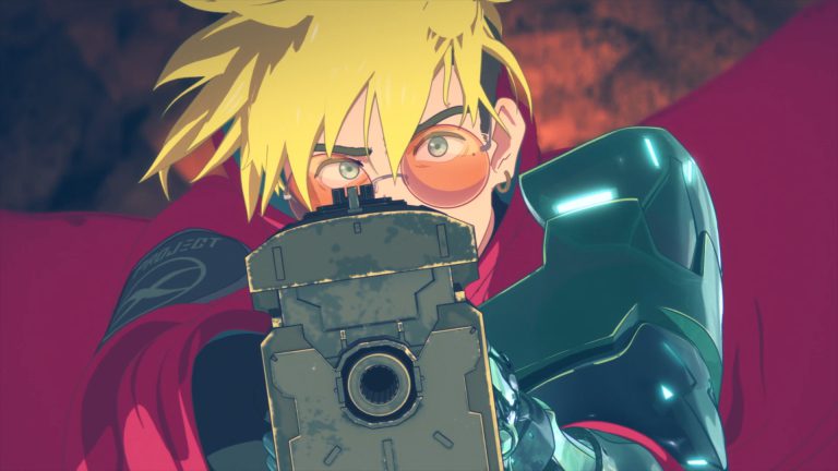 Een anime-personage met blond haar en een bril houdt zelfverzekerd een pistool vast, klaar voor actie.